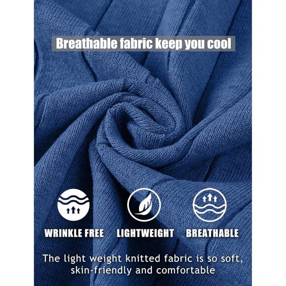 Men Blue Casual Knit Polo Shirt Long Sleeve Button Down Sweater Polo with Pocket - Picture 5 of 9